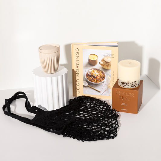 Bespoke Lane and co gift hampers Brisbane Australia Corporate Gifting delivery  australia wide Early Bird shopping net bag candle morning haze after six good mornings book coffee cup
